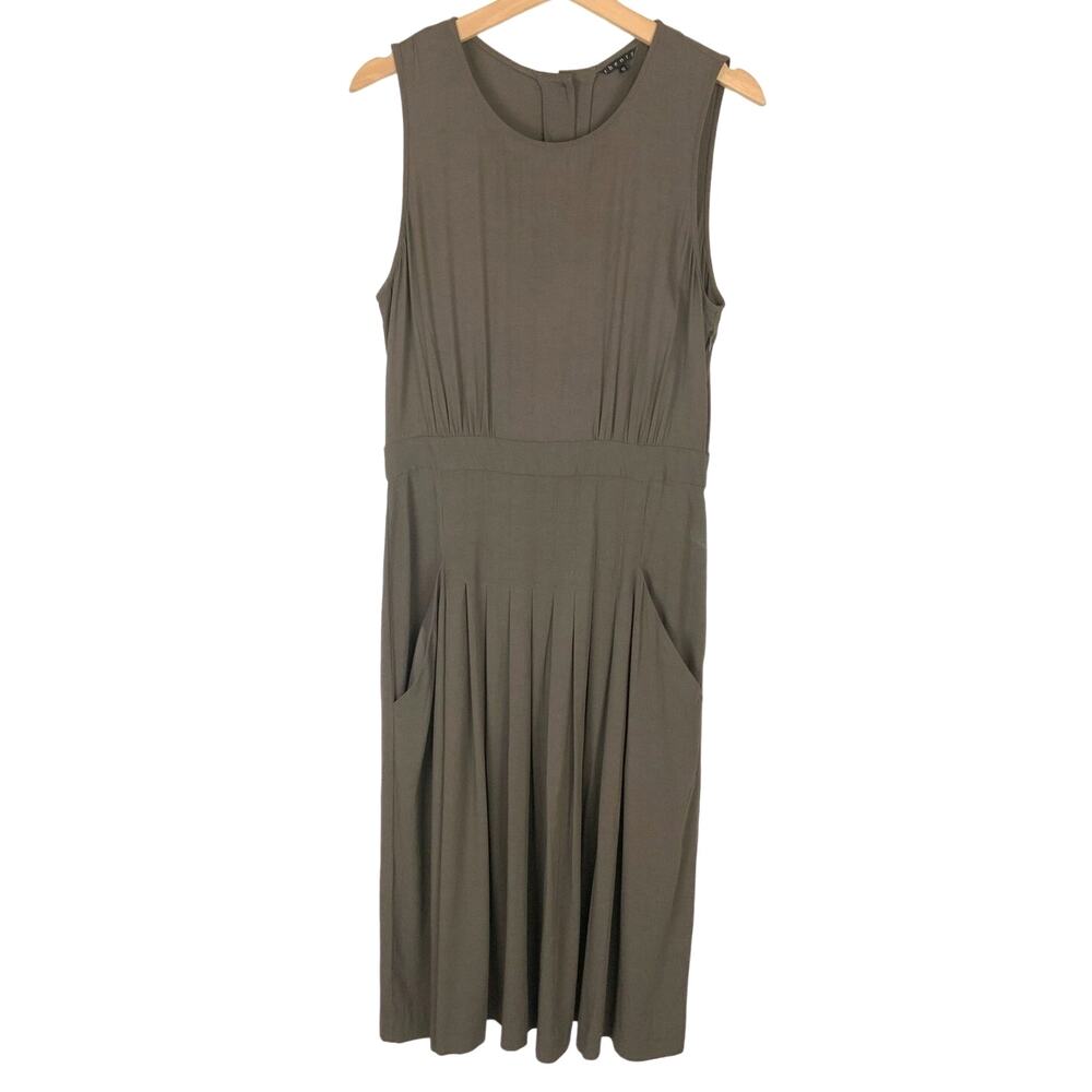 Theory Tenos Pleated Sleeveless Midi Dress Color Nest Green Women's Size 10
